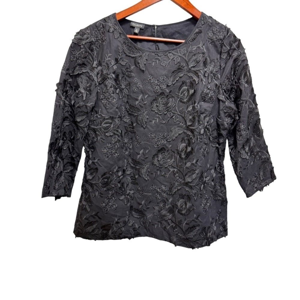 Talbots Black Embroidered 3D Floral Blouse Size 10 Feminine